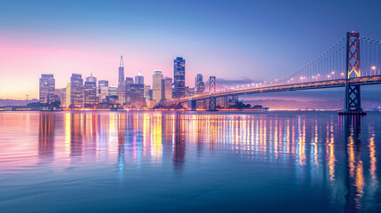 twilight cityscape overlooking a pristine, calm ocean, with sparkling skyscrapers and a bridge that...