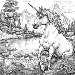 Wandcirkels Eenhoorn A whimsical children's coloring picture featuring a playful unicorn prancing across a rainbow, with smiling clouds and sun in the background, creating a magical scene.  © Roberto