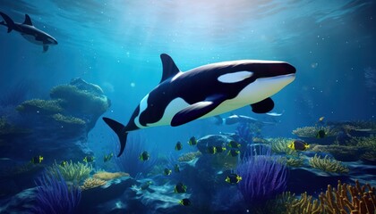 The Orcinus Orca in the ocean, portrait of Orca hunting prey in the underwater