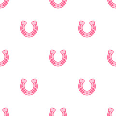 Pink core horseshoe. Cowboy western and wild west theme seamless pattern. Hand drawn vector illustration. Doodle icon. Vector texture. Doodle Pink horseshoe