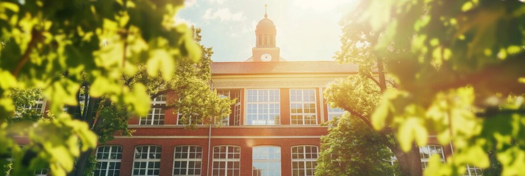 Warm sunlight shines through the trees onto a classic school building, evoking education and growth in a peaceful setting