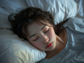 朝のベッドでぐっすり眠る若い女性
