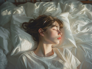 朝のベッドでぐっすり眠る若い女性
