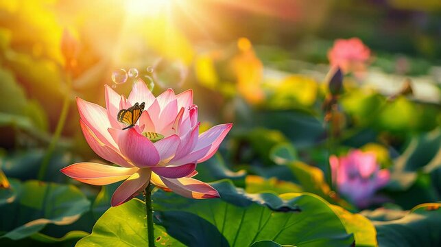 
a very beautiful, enchanting lotus flower that a butterfly lands on. seamless looping time-lapse virtual 4K video Animation Background.