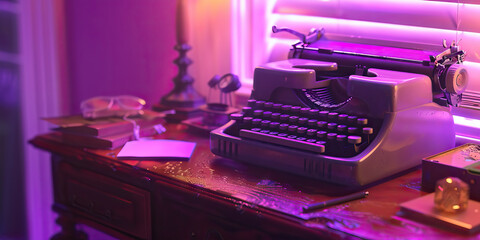 Violet Vintage Vignette: A small, antique desk with a typewriter and a few carefully selected items, bathed in warm purple light.