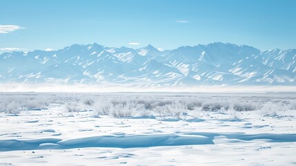A winter landscape with snow-capped mountains in the distance, framed by a foreground of pristine white snow.