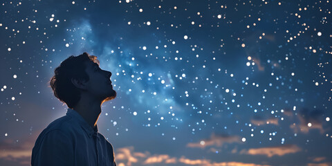Macro photography of a lonely young man male guy astronomer looking at stars in a clear night sky astronomy galaxy cosmos night space starry travel.
