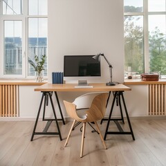 Stylish office interior with workplace, pc computer and window. Mock up wall