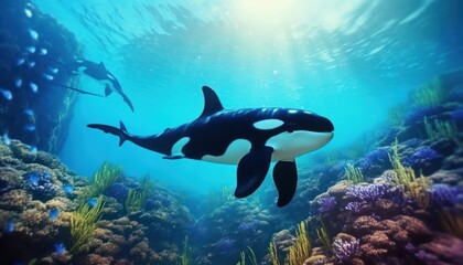 Fototapeta premium The Orcinus Orca in the ocean, portrait of Orca hunting prey in the underwater