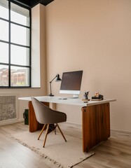 Stylish office interior with workplace, pc computer and window. Mock up wall