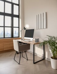 Stylish office interior with workplace, pc computer and window. Mock up wall