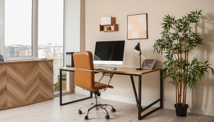 Stylish office interior with workplace, pc computer and window. Mock up wall