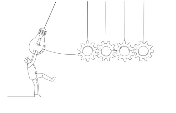 Continuous one line drawing of businessman pushing light bulb to make cogwheel work, implementing ideas into real business practice concept, single line art.