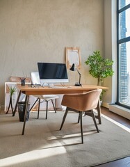 Stylish office interior with workplace, pc computer and window. Mock up wall