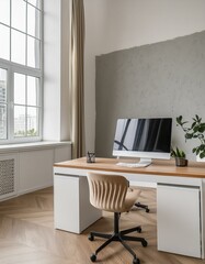 Stylish office interior with workplace, pc computer and window. Mock up wall