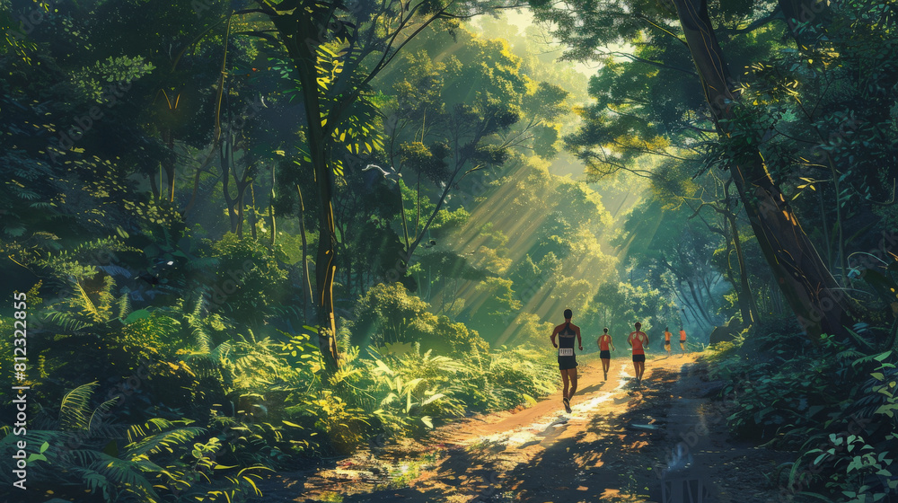 Poster three individuals jogging down a serene forest trail, with sunlight piercing through the dense canop