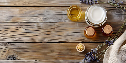 Jars and bowl with honey and fresh lavender flowers Herbal medicine concept background. Dry natural ingredients and remedy bottle on the wooden table.
