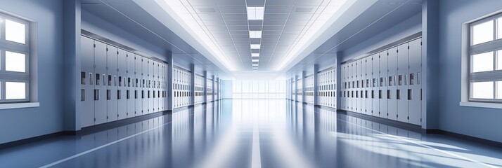 A brightly lit, empty school corridor lined with closed lockers and a shiny floor