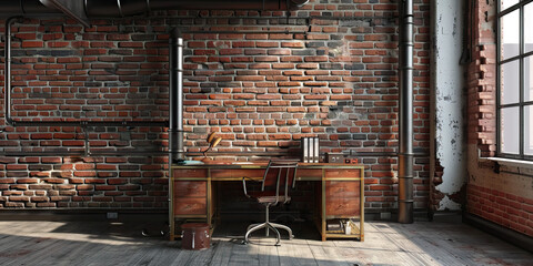 Industrial Innovation: A desk set in a converted warehouse or factory space, with exposed brick walls and pipes, ideal for those seeking a unique, edgy work environment. (Black)