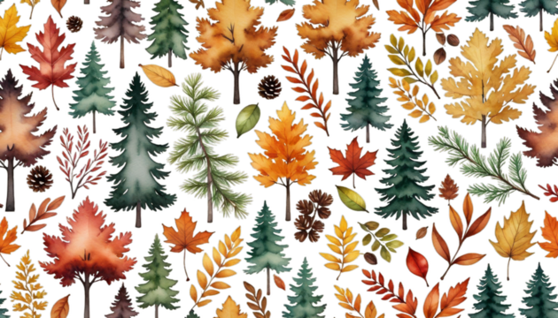 autumn pines bushes forest border trees watercolor fir composition hand-painted hand-drawn illustration natural october september tree season foliage background