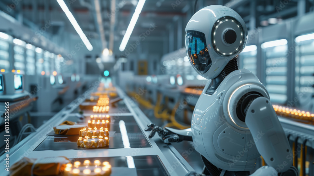 Poster a humanoid robot in a futuristic factory setting with a conveyor belt of golden items, representing 