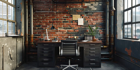 Industrial Innovation: A desk set in a converted warehouse or factory space, with exposed brick walls and pipes, ideal for those seeking a unique, edgy work environment. (Black)
