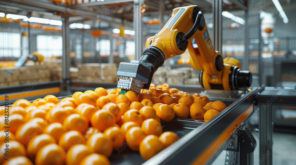 Poster industrial robotic arm sorting oranges on a conveyor belt in a modern automated agricultural process