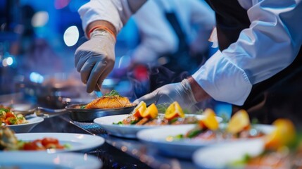 Chef creating flounder dishes at a major sports event energetic and festive