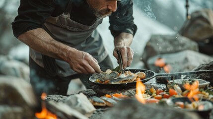 Chef creating flounder dishes at a mountaineering base camp rugged and hearty