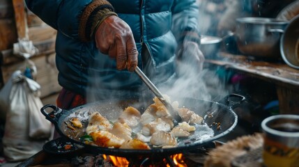 Fototapeta premium Chef creating flounder dishes at a mountaineering base camp rugged and hearty