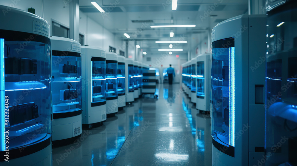 Poster a modern laboratory with rows of high-tech equipment illuminated by blue light and a scientist worki