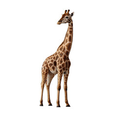 Brown spotted giraffe with long neck standing alone on white background