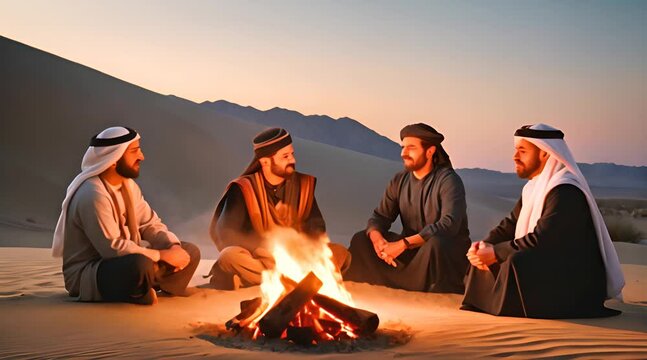 a group of Arabs relaxing in the desert in the early evening