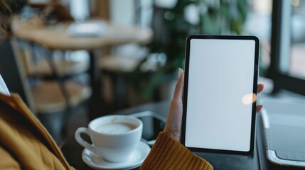 Tablet mockup image, Man using tablet with a cup of coffee in the morning.