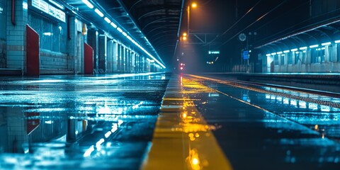 This image portrays a rain-soaked train platform at night, reflecting the station’s lights and creating a moody urban atmosphere