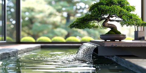 Zen Oasis: A Japanese-inspired desk with a tranquil water feature and a bonsai tree, encouraging mindfulness and peace during work hours. (Green) 
