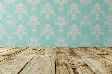 Empty wooden deck table over mint wallpaper background for present product - generative ai