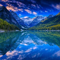 serene mountain lake reflecting the towering peaks and lush forest