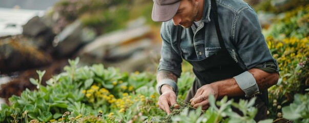 Chef foraging seaside herbs for a fresh flounder dish connection with local flora