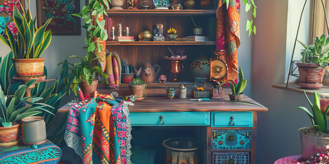 Bohemian Bazaar: A vintage desk adorned with colorful fabrics, trinkets, and a few potted plants, ideal for those who thrive in a cozy, eclectic workspace. (Turquoise) 