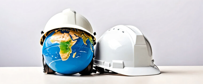Symbol of safety and health at work: the planet Earth and the helmet. A safety and health concept for the World Day of Safety and Health at Work.