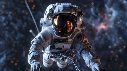 Fototapeta premium Astronaut Floating in the Vast Expanse of the Cosmos Tethered to Spacecraft Visor Reflecting the Sublime Beauty of the Universe