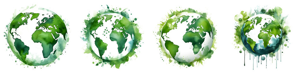 Set of earth planet with watercolor paint splashes isolated on white and transparent background