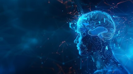 Obraz premium Big data and artificial intelligence concept. Machine learning and cyber mind domination concept in form of women face on dark blue technology background, 3d illustration