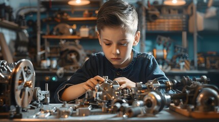 Talented Young Inventor Tinkering with Intricate Mechanical Device in Industrial Workshop
