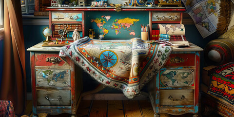Bohemian Traveler's Desk: A colorful desk adorned with world maps, travel trinkets, and a cozy throw blanket, reflecting the carefree spirit of a perpetual traveler
