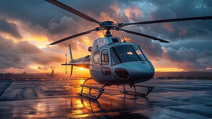A business helicopter with a polished appearance and streamlined design. Luxurious aesthetic backdrop. Generative AI