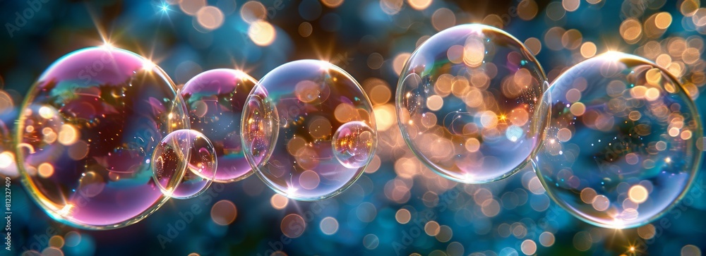 Poster glowing lights particle and bubbles bokeh background, shiny glamour bubble particle isolated in glow