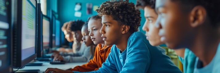 A group of diverse students are intently focused on their computer screens, embodying modern education and technology use in school