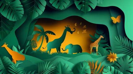 Naklejka premium paper-cut-style background Jungle safari animals , texture and shadow, fashion photography, space for text, 8k.